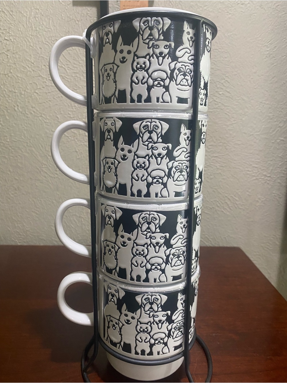 Stackable Set of 4, Black & White Dog Pattern Mug Set with Stand